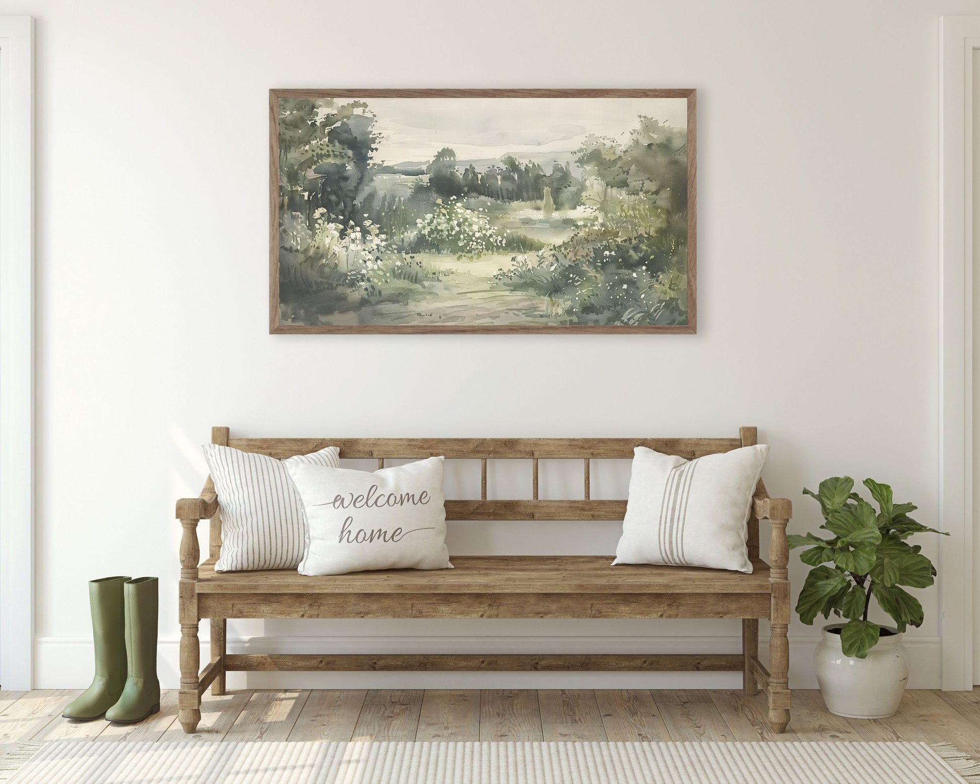 Green and White Floral Garden Frame TV Art