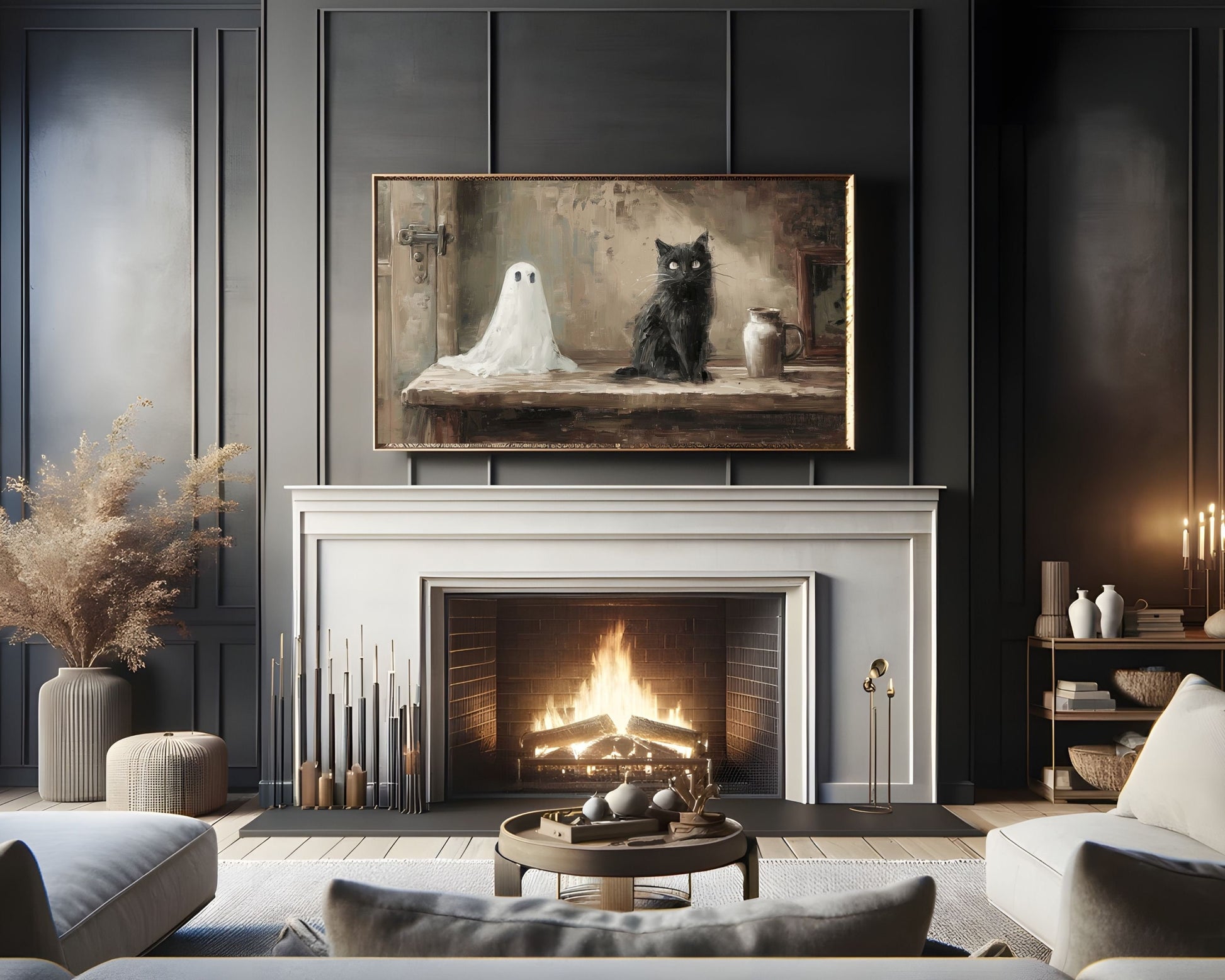 Halloween Ghost and Black Cat Frame TV Art