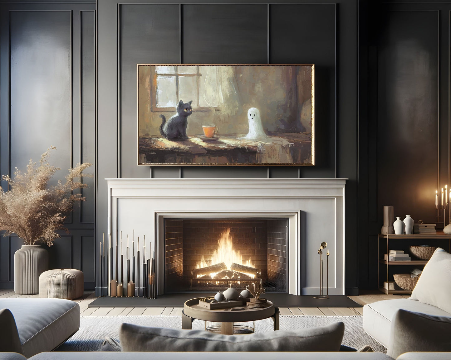 Halloween Cute Ghost and Black Cat Frame TV Art