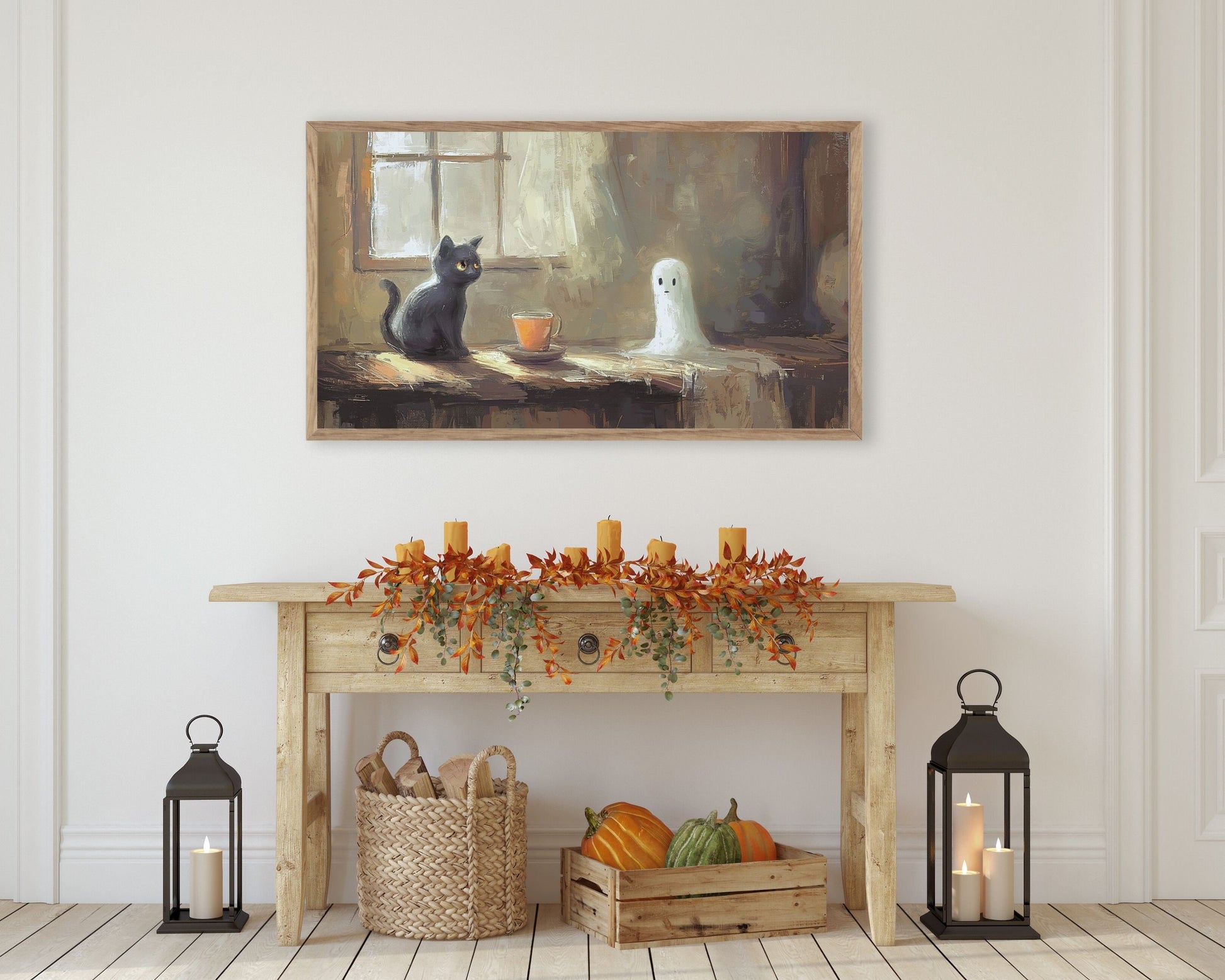 Halloween Cute Ghost and Black Cat Frame TV Art