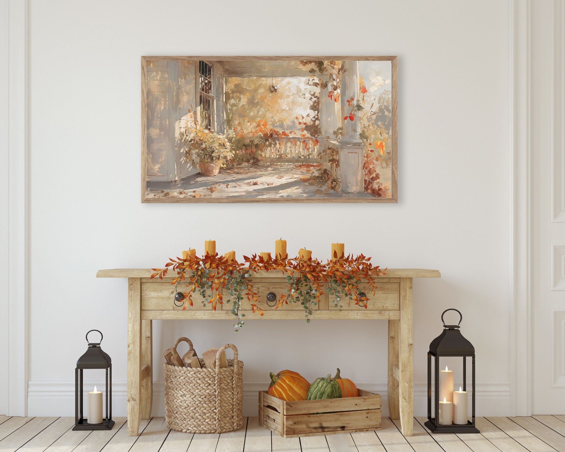 Fall Front Porch in Autumnal Leaves Frame TV Art