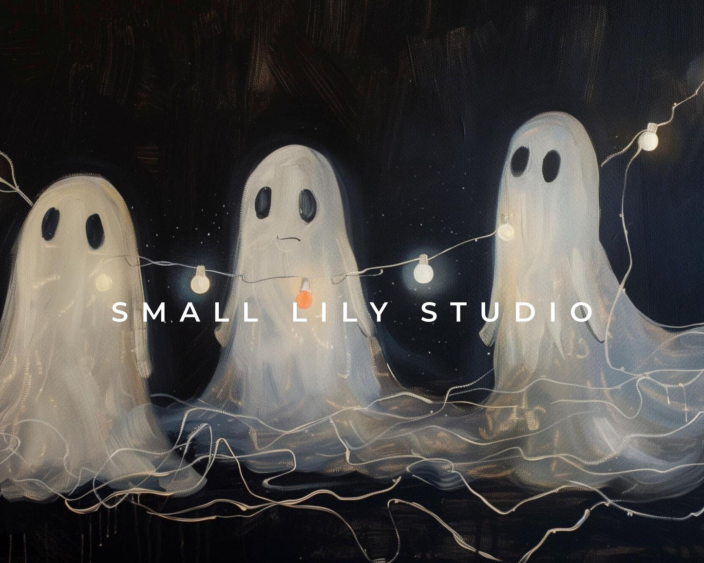 a painting of three ghostes with the words small lily studio