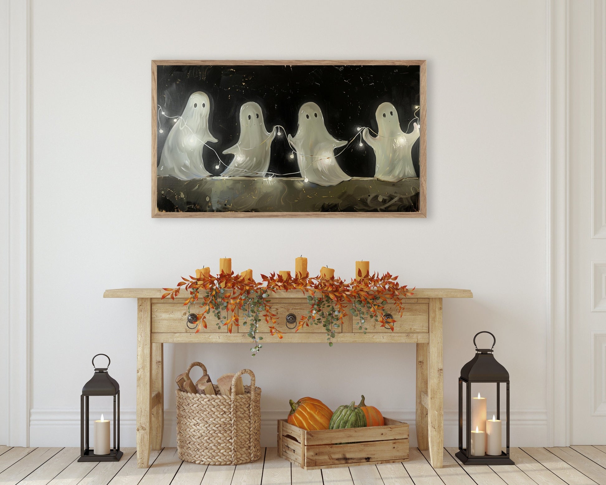 a painting of ghost on a wall above a table