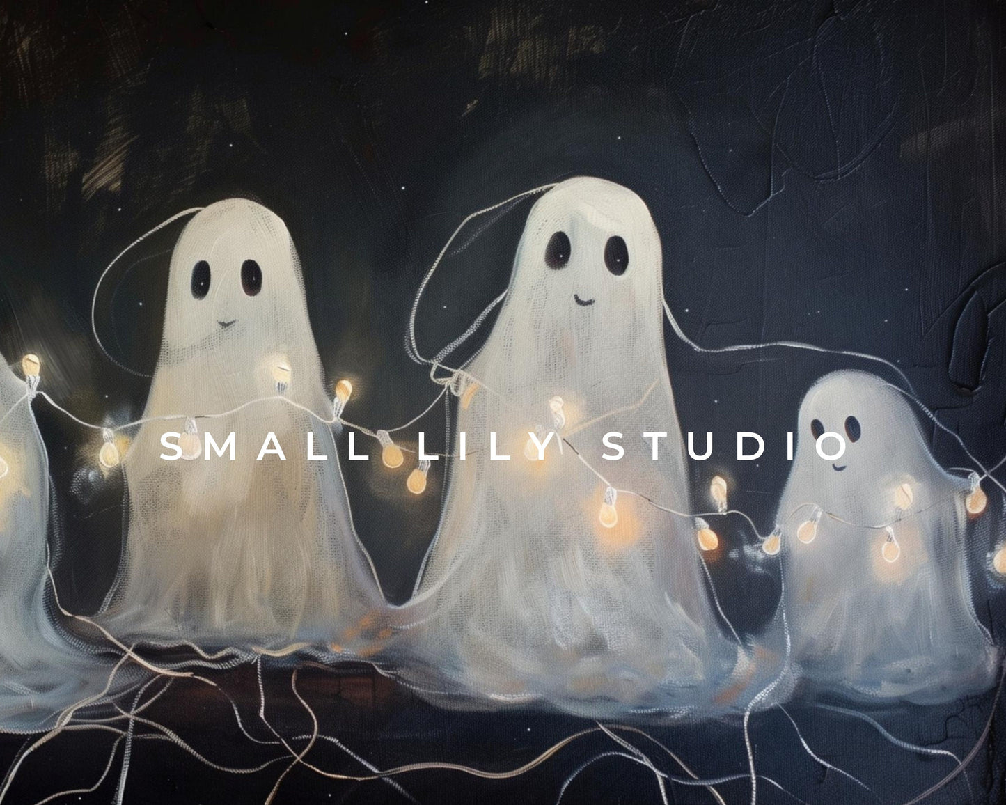 a painting of three ghost with lights around them