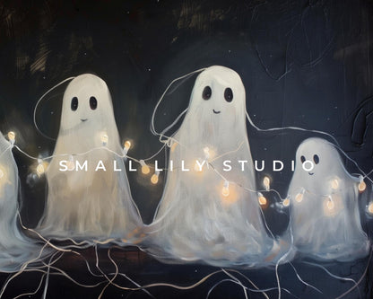 a painting of three ghost with lights around them