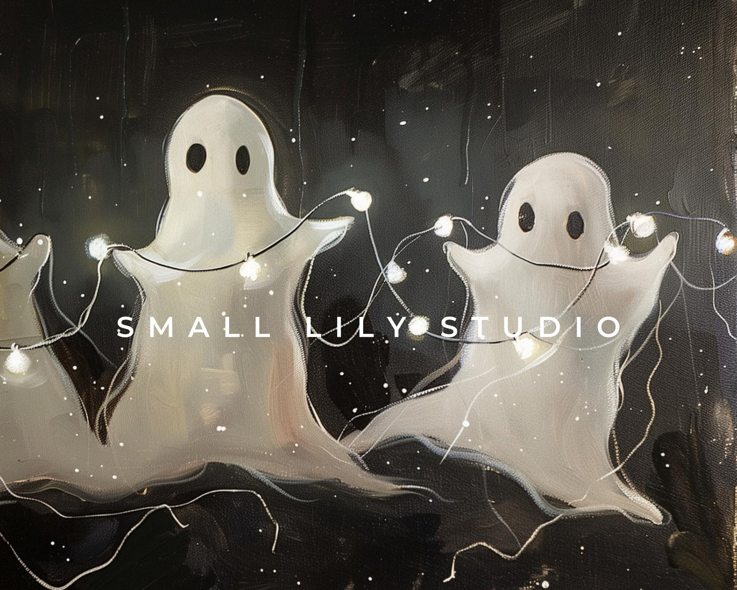 a painting of two ghostes with string lights around them