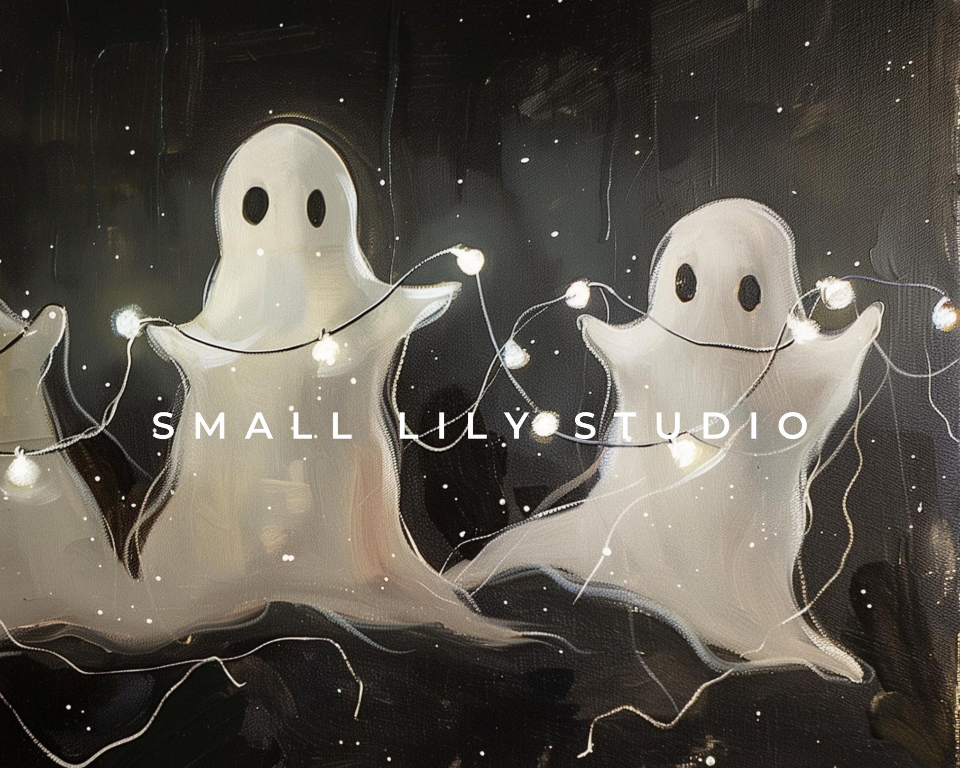 a painting of two ghostes with string lights around them