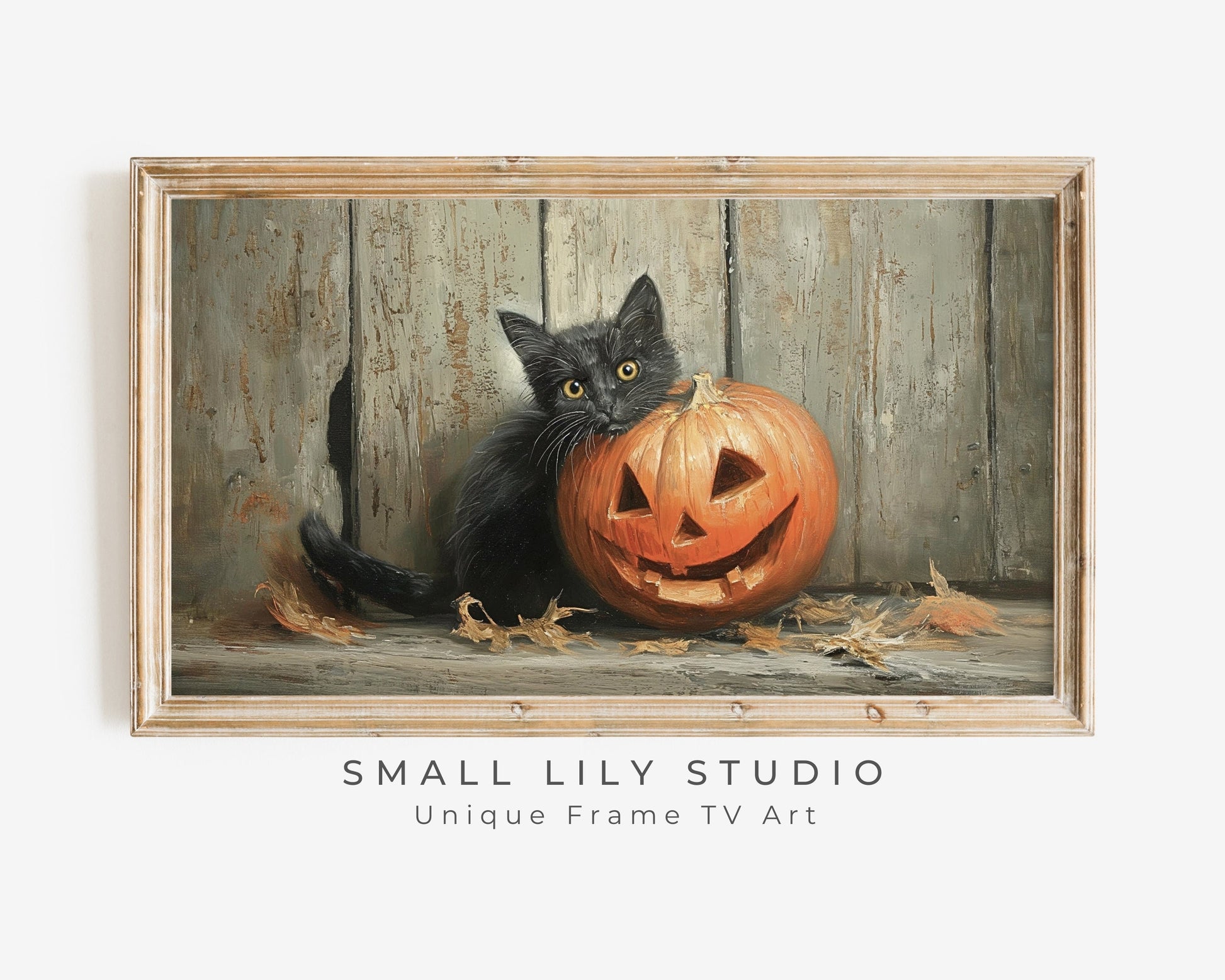 a painting of a black cat holding a pumpkin