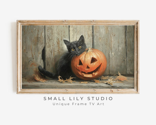a painting of a black cat holding a pumpkin