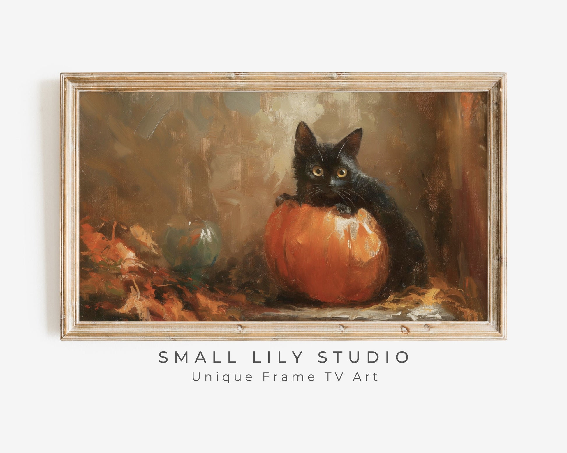 a painting of a black cat sitting in a pumpkin
