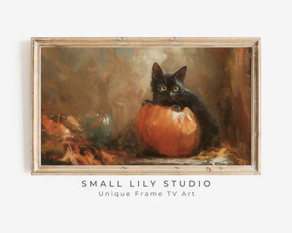 a painting of a black cat sitting in a pumpkin