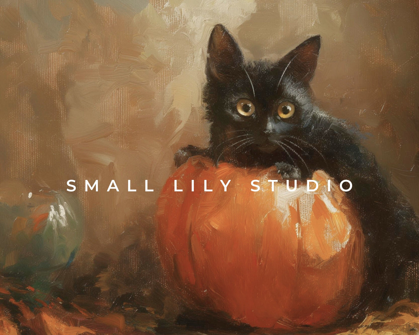 a painting of a black cat sitting inside of a pumpkin