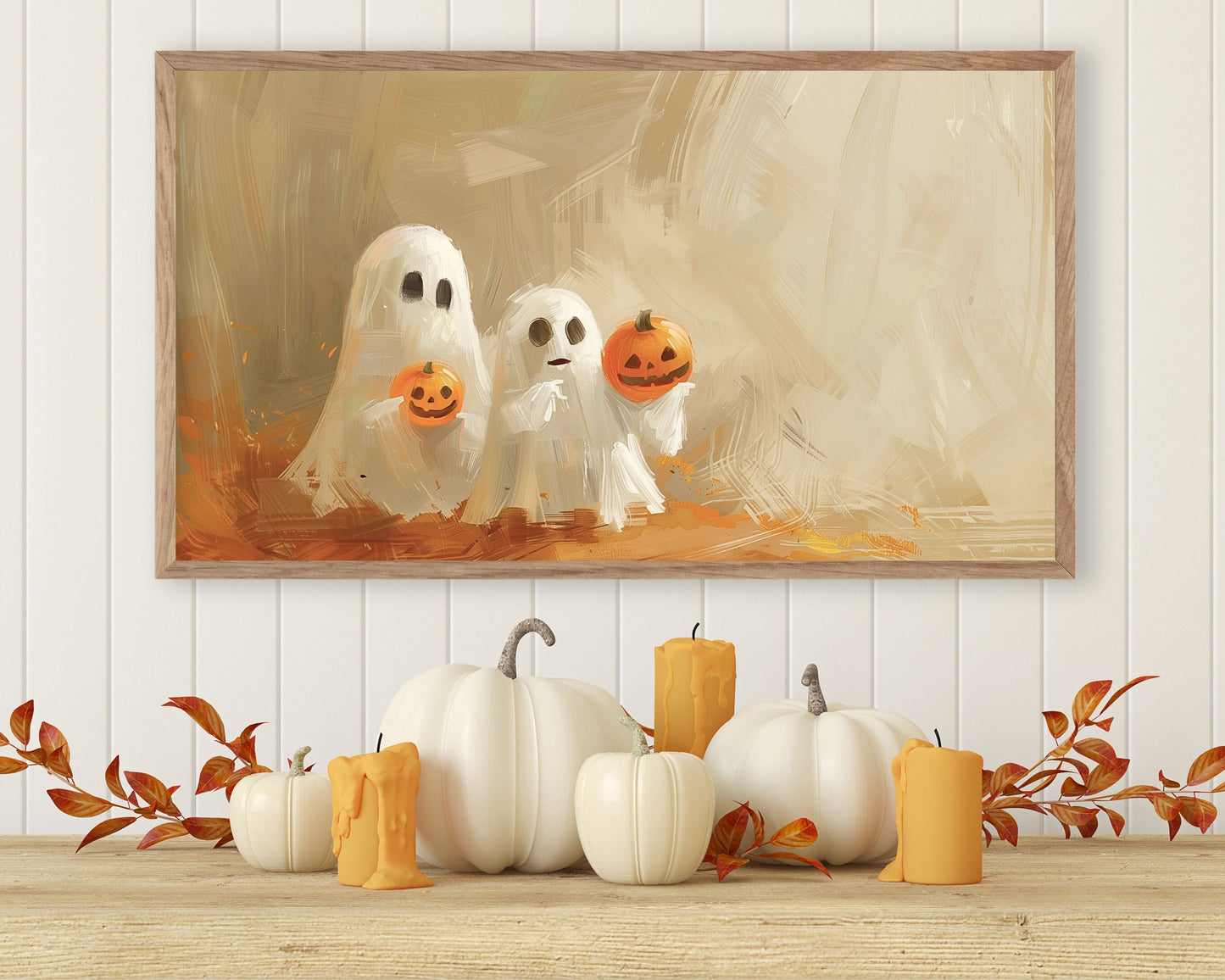 Cute Ghosts Holding Pumpkins Halloween Frame TV Art