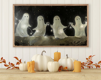a painting of three ghost on a table with pumpkins