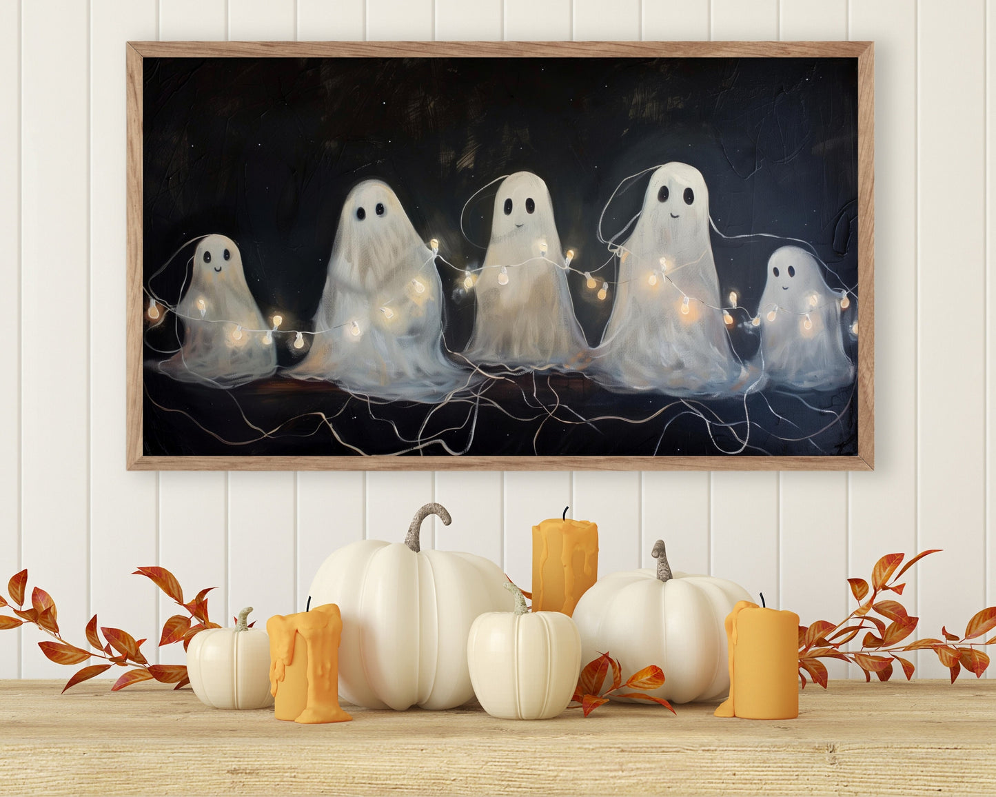 a painting of three ghostes in a row with pumpkins
