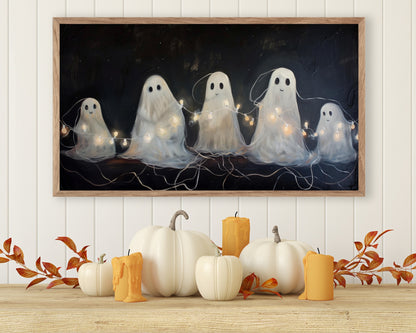 a painting of three ghostes in a row with pumpkins