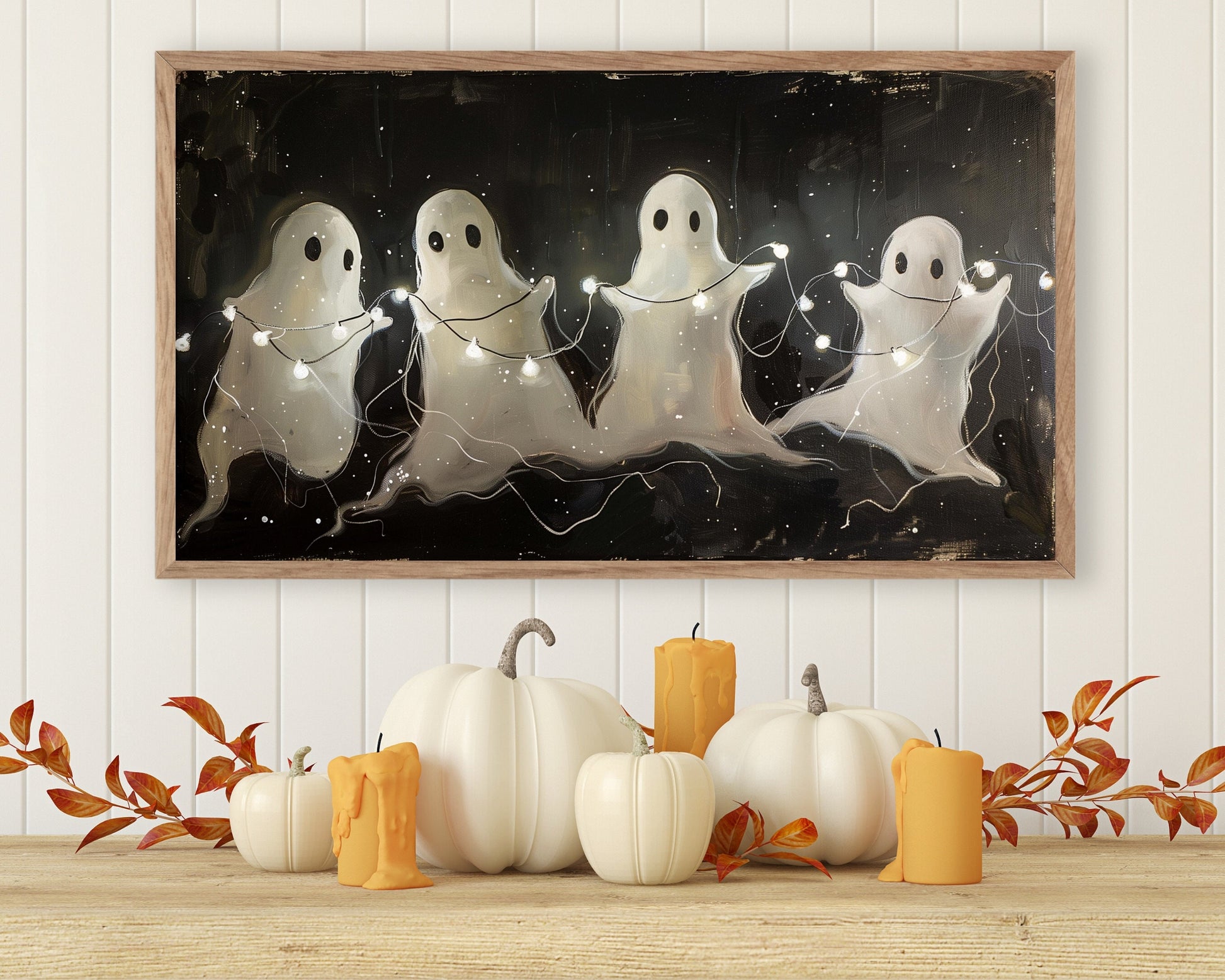 a painting of three ghostes with pumpkins in front of them
