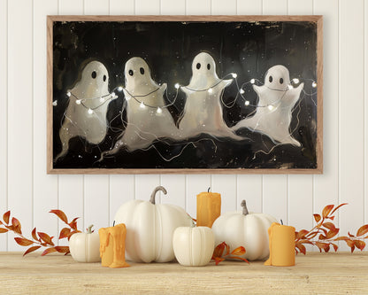 a painting of three ghostes with pumpkins in front of them