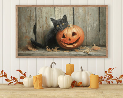 a painting of a black cat sitting next to a pumpkin