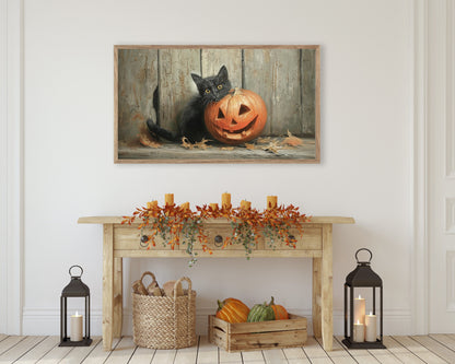 a painting of a cat sitting on a table with a pumpkin