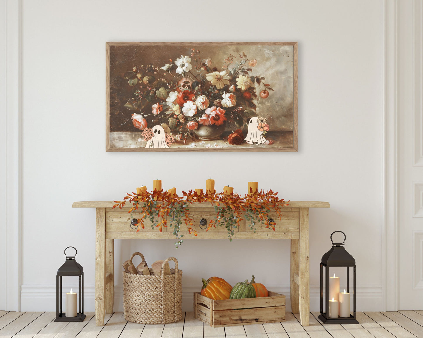 Moody Fall Florals with Ghosts Halloween Frame TV Art