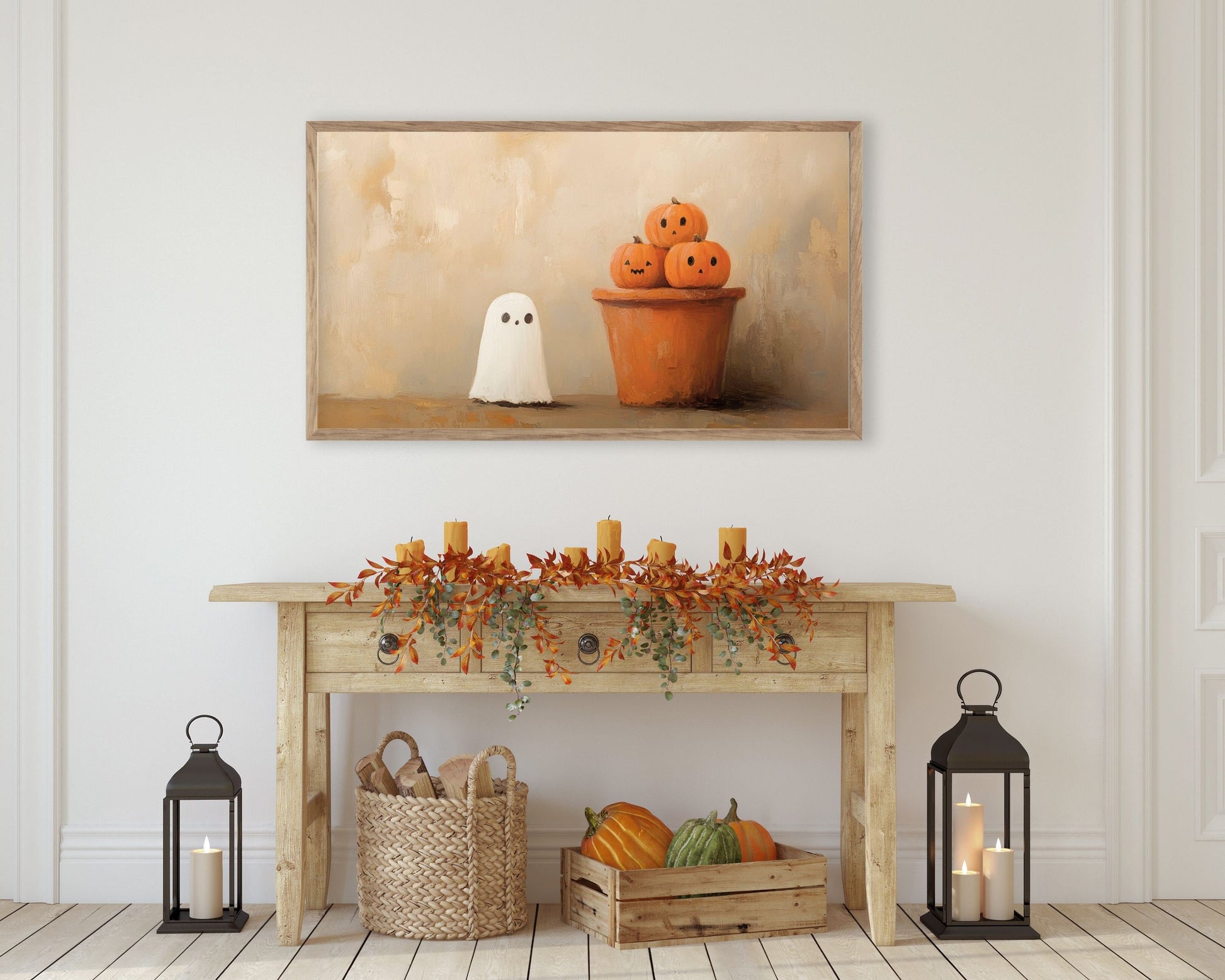 Cute Ghost and Pumpkin Stack Halloween Frame TV Art