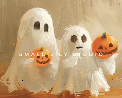 Halloween Print Cute Ghosts Holding Pumpkins Printable Wall Art