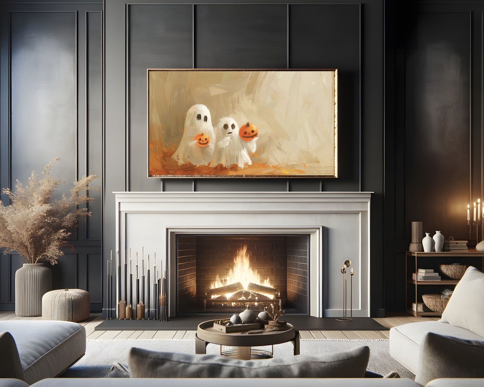 Cute Ghosts Holding Pumpkins Halloween Frame TV Art