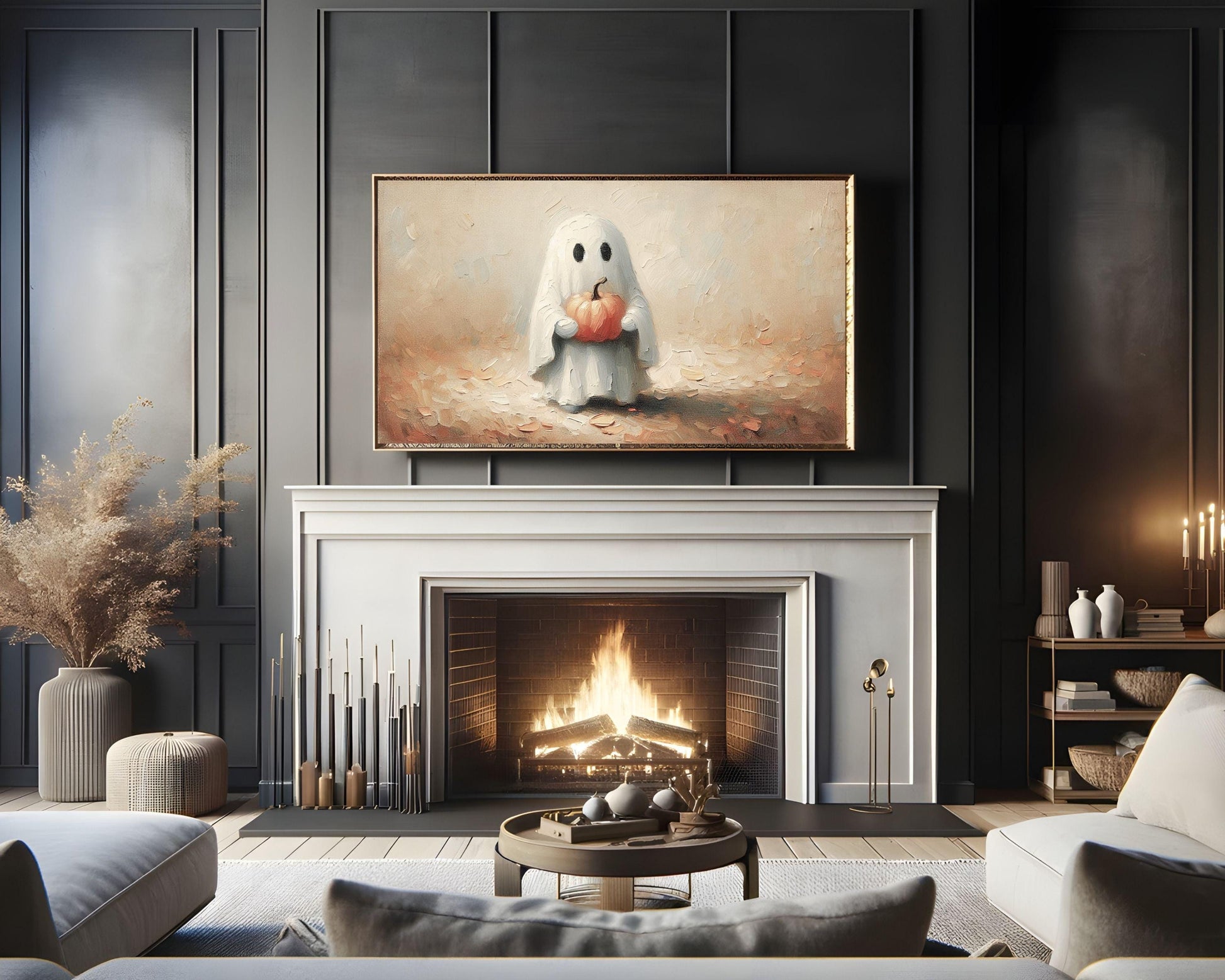 Cute Ghost Holding Pumpkin Halloween Frame TV Art