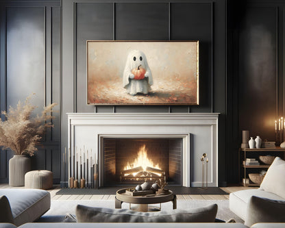 Cute Ghost Holding Pumpkin Halloween Frame TV Art