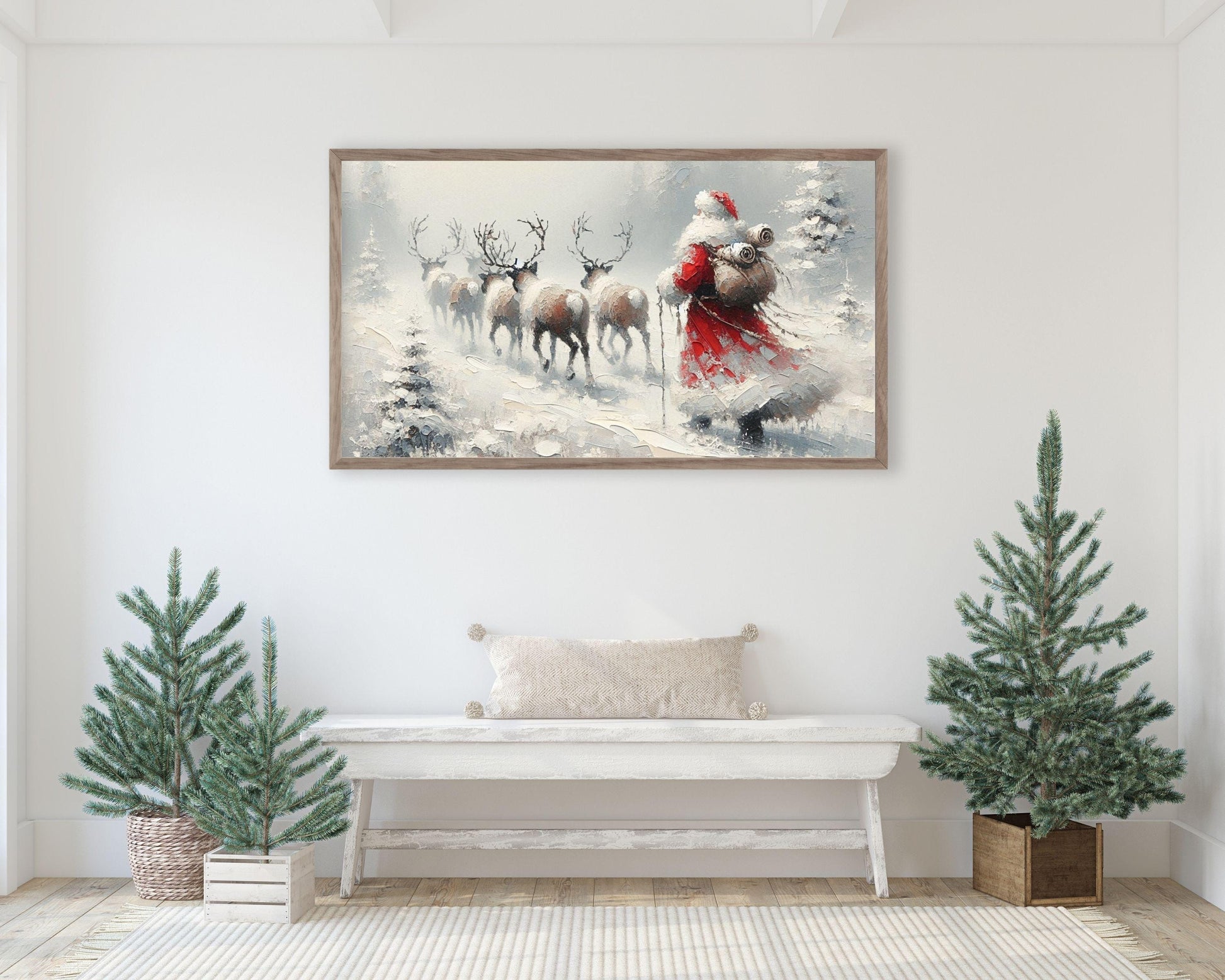 Santa Walking with Reindeer Christmas Frame TV Art
