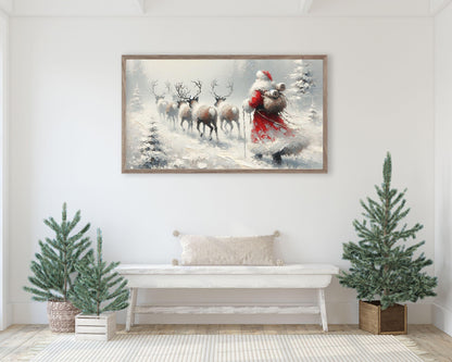 Santa Walking with Reindeer Christmas Frame TV Art