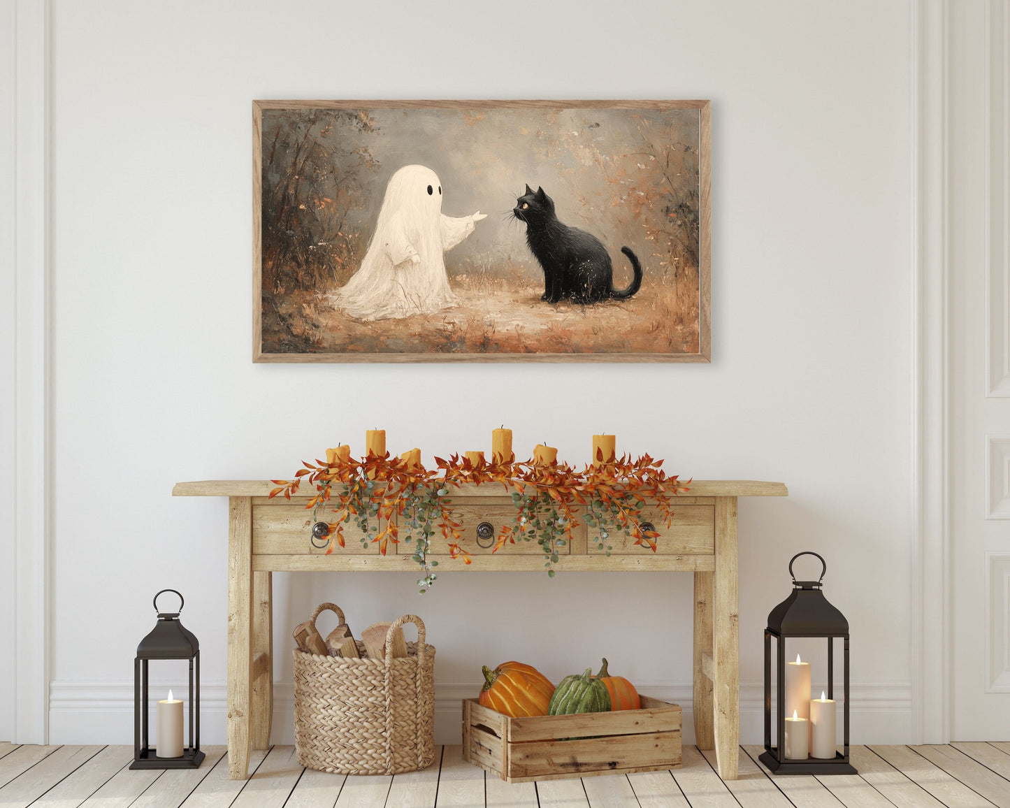 Ghost and Black Cat Vintage Style Halloween Frame TV Art