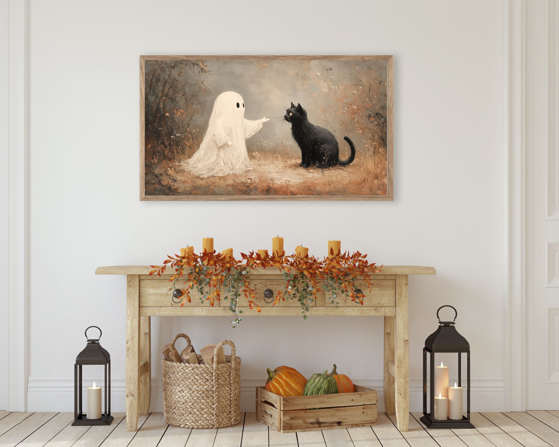 Ghost and Black Cat Vintage Style Halloween Frame TV Art