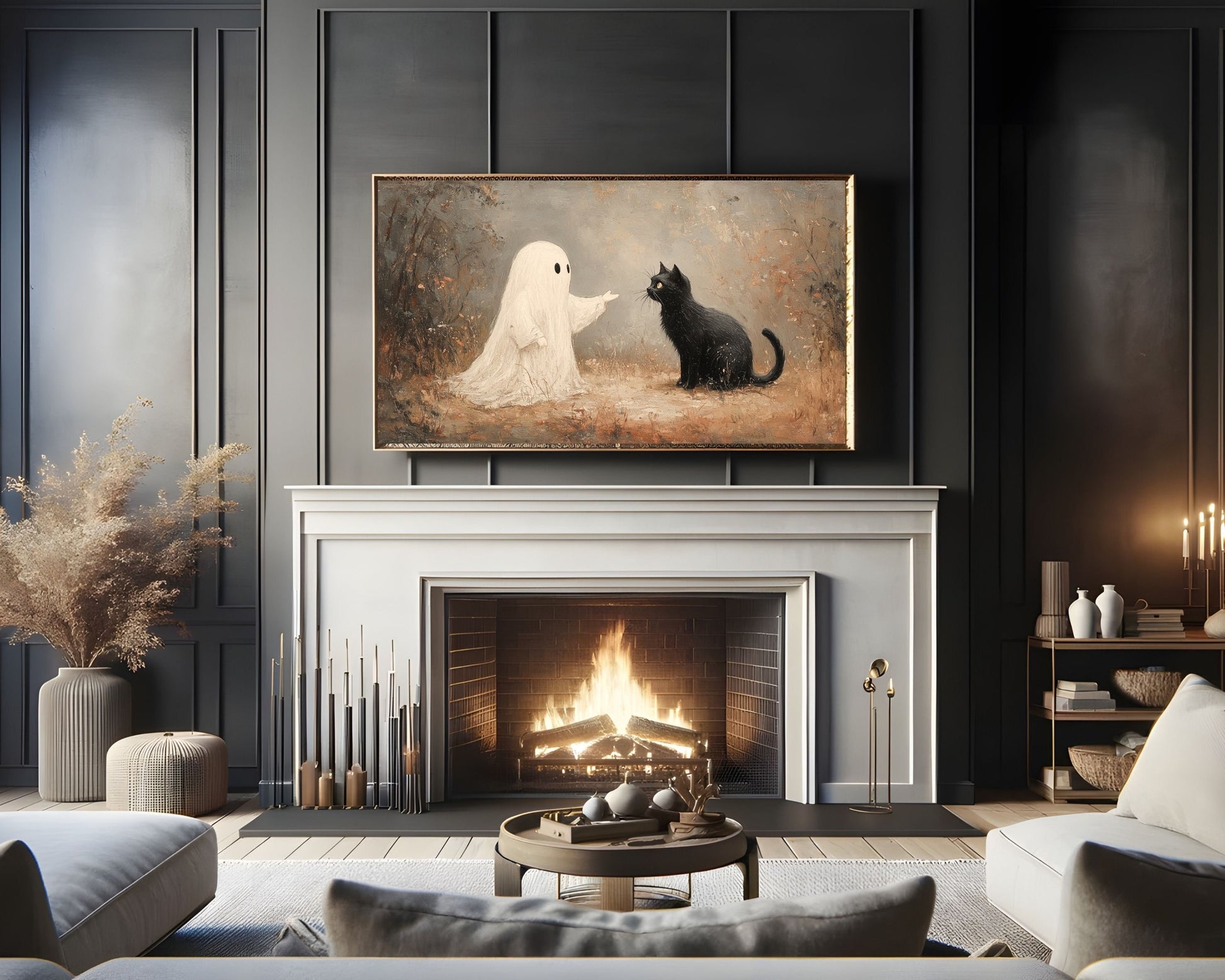 Ghost and Black Cat Vintage Style Halloween Frame TV Art