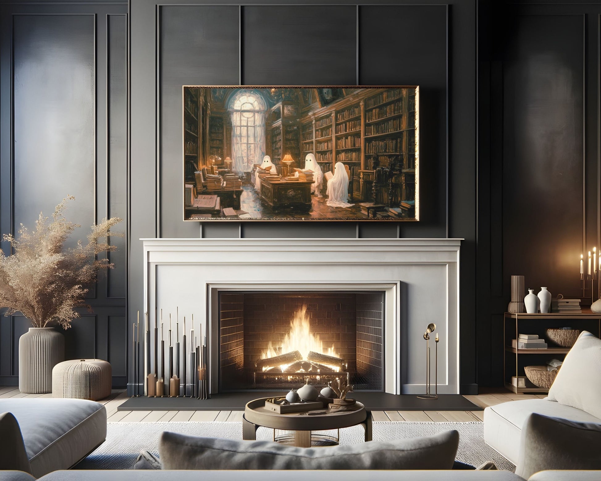 Ghosts in Library Halloween Frame TV Art