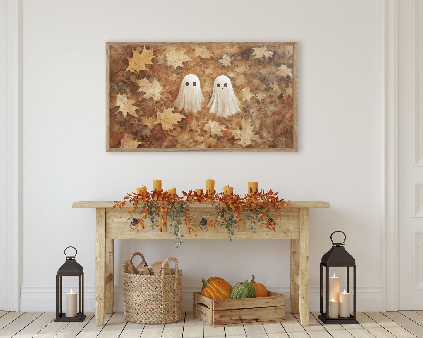 Cute Ghosts in Fall Leaves Halloween Frame TV Art