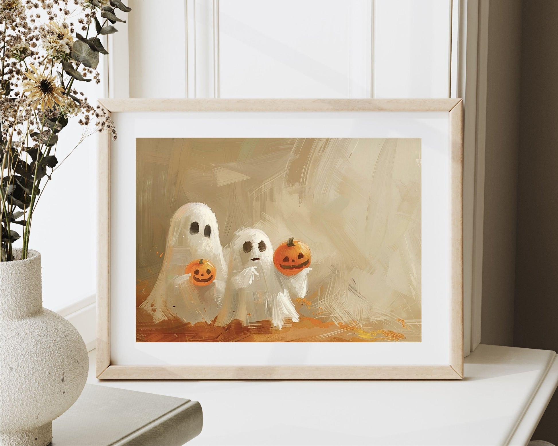 Halloween Print Cute Ghosts Holding Pumpkins Printable Wall Art