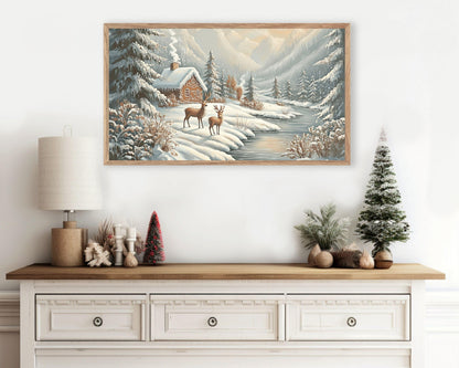 Deer and Gingerbread House Christmas Frame TV Art
