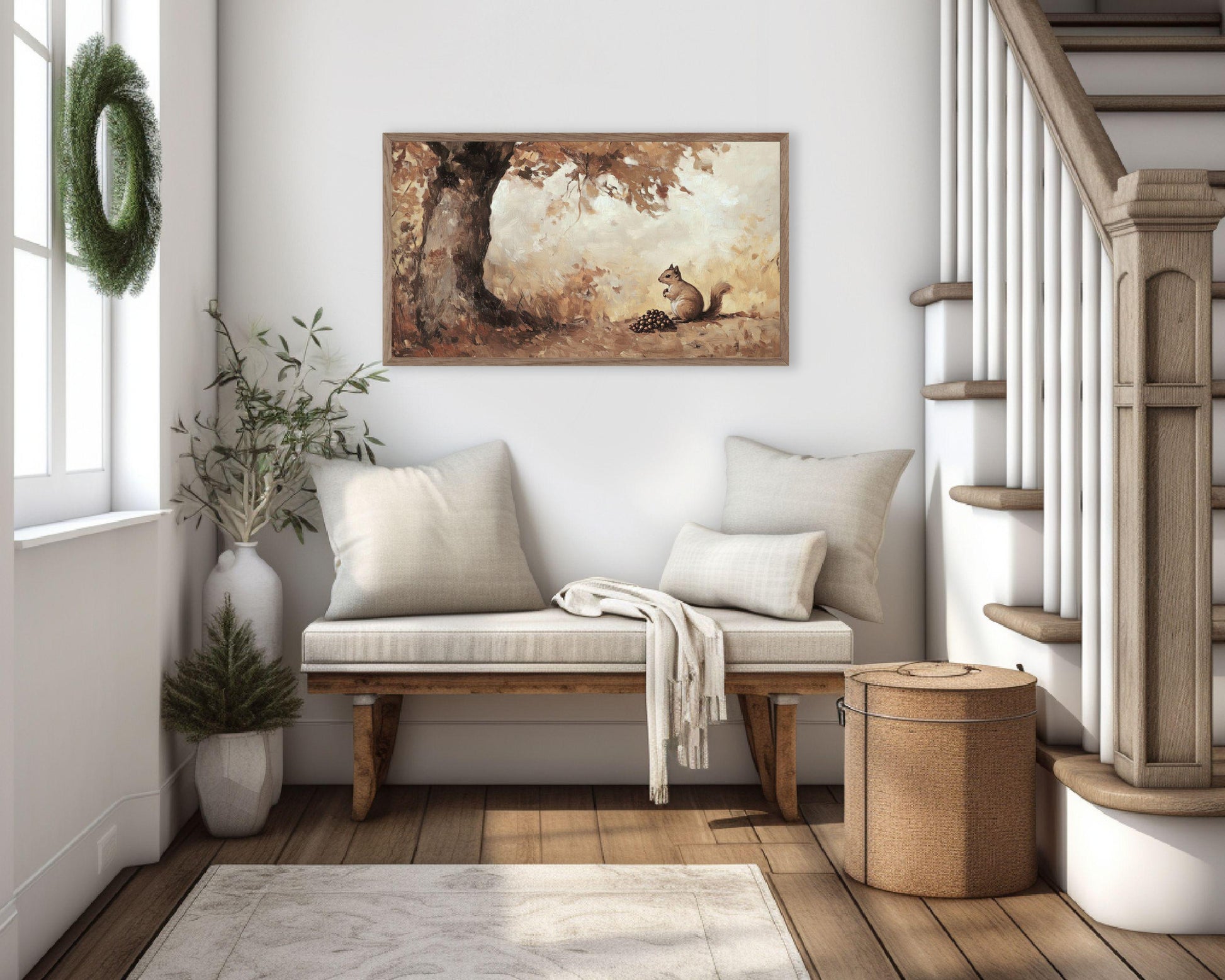 Squirrel and Acorns in Fall Landscape Frame TV Art