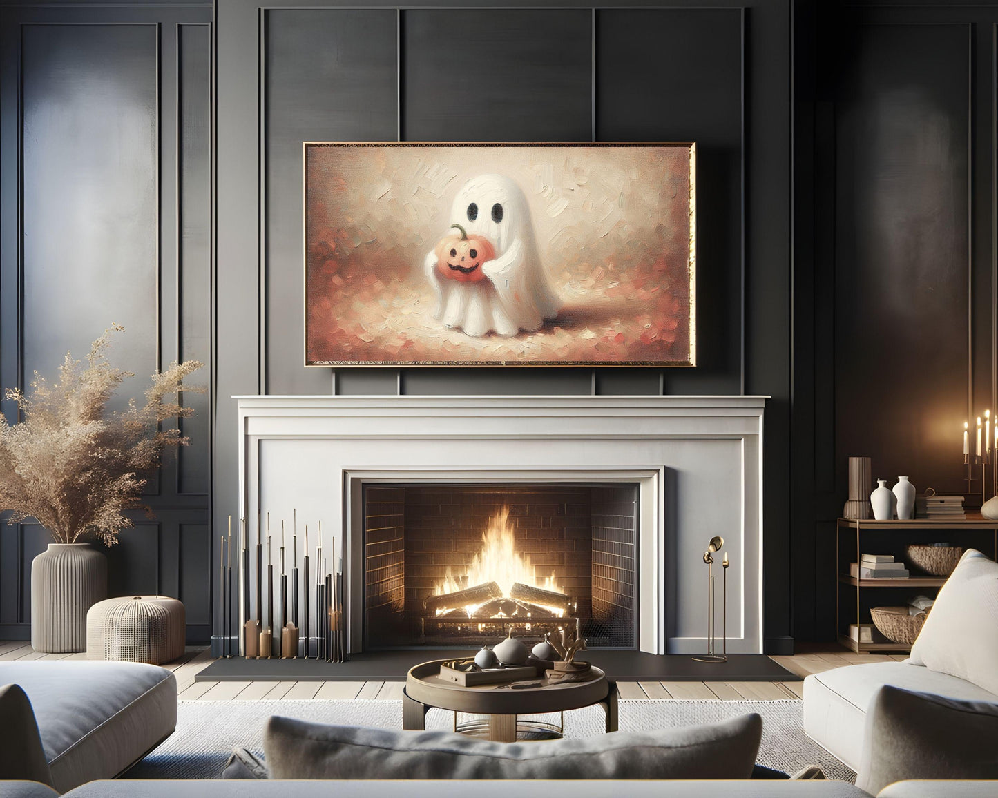 Halloween Ghost Holding Pumpkin Frame TV Art