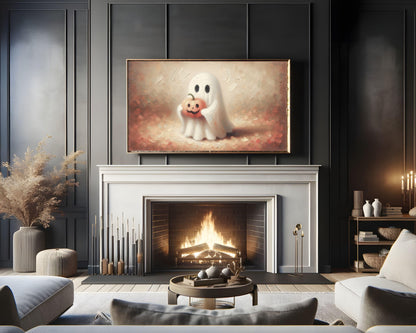 Halloween Ghost Holding Pumpkin Frame TV Art