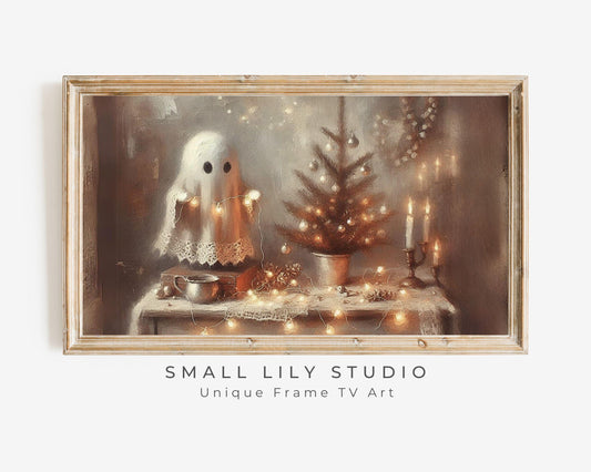 FRAME TV art Ghost and Christmas Tree Lights, Cozy Xmas Halloween Samsung Frame tv art, Fun spooky cute smart TV screensaver | TV497