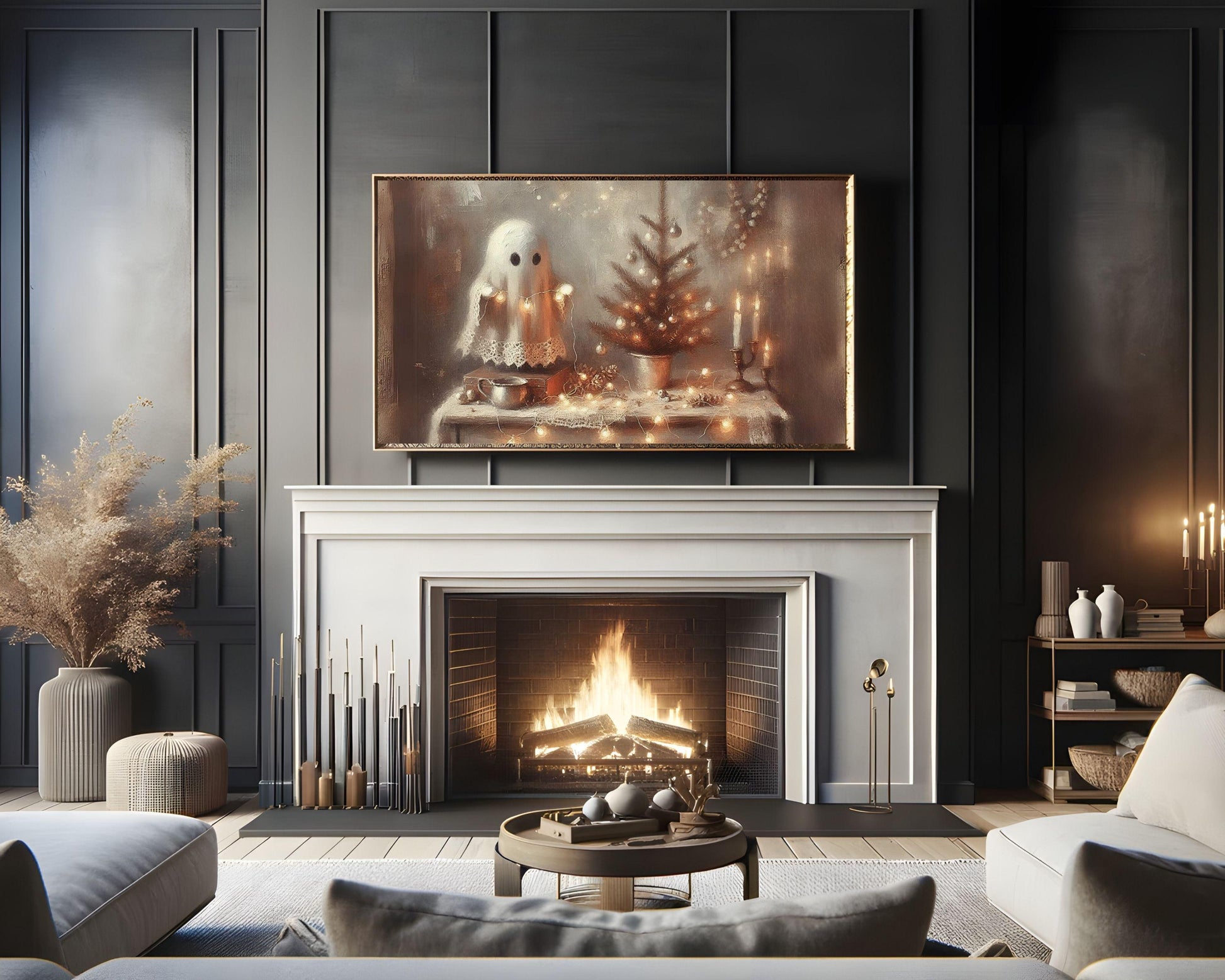 FRAME TV art Ghost and Christmas Tree Lights, Cozy Xmas Halloween Samsung Frame tv art, Fun spooky cute smart TV screensaver | TV497