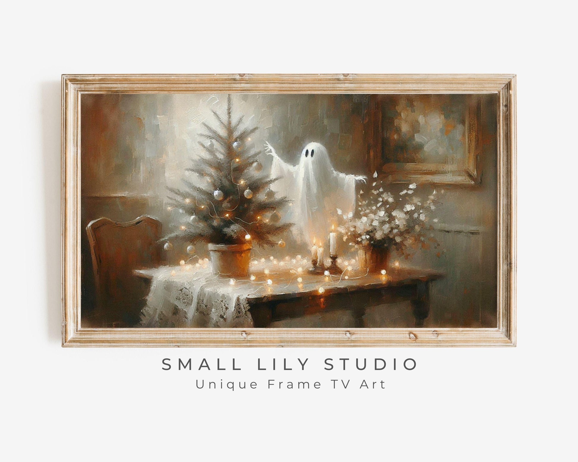 FRAME TV art Ghost in the Christmas Spirit, Cozy Xmas Halloween Samsung Frame tv art, Fun spooky smart TV screensaver farmhouse | TV499