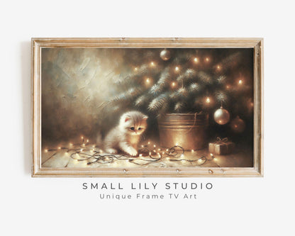 Christmas FRAME TV art Kitten Playing with Lights, Festive Samsung Frame TV art, Cute Cat and Christmas Tree tv screensaver for kids | TV491