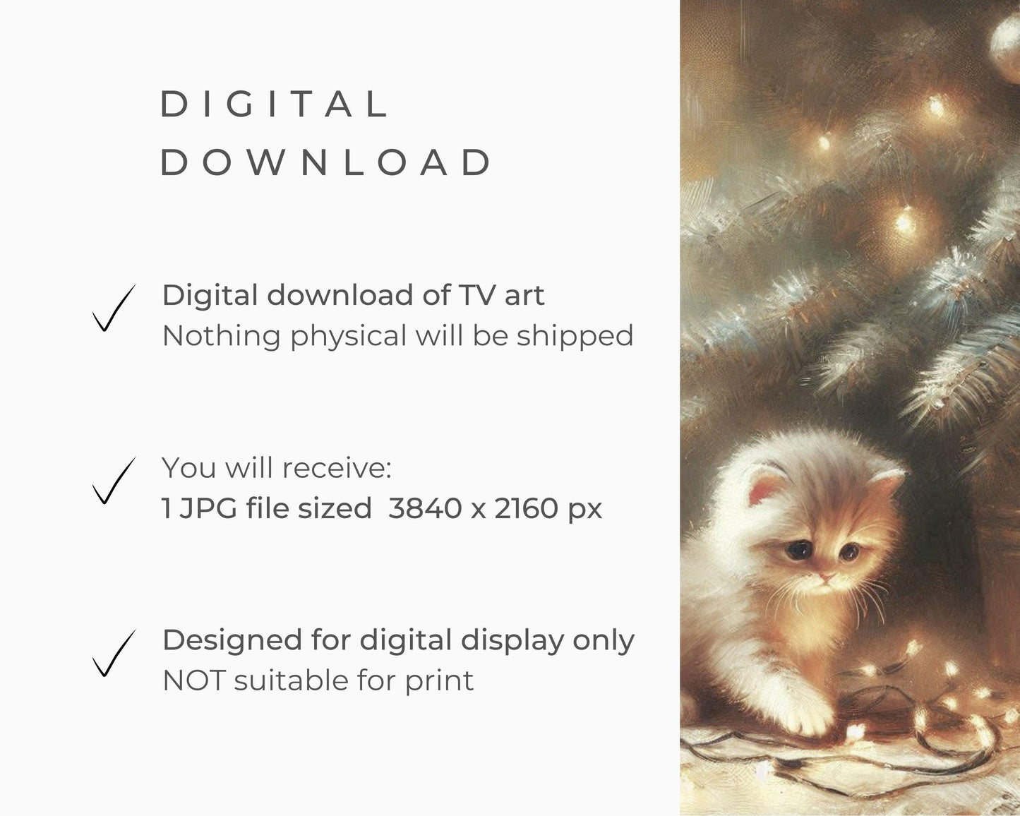 Christmas FRAME TV art Kitten Playing with Lights, Festive Samsung Frame TV art, Cute Cat and Christmas Tree tv screensaver for kids | TV491