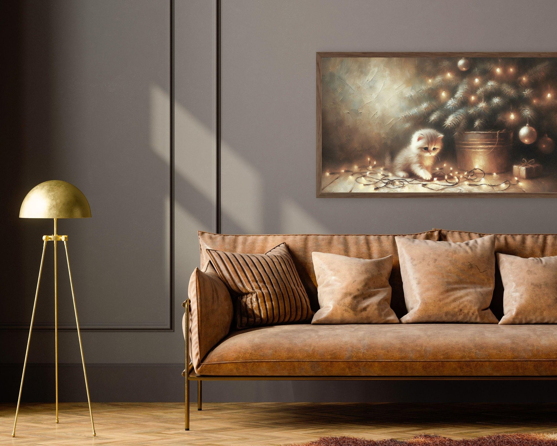 Christmas Kitten Playing with Lights Frame TV Art