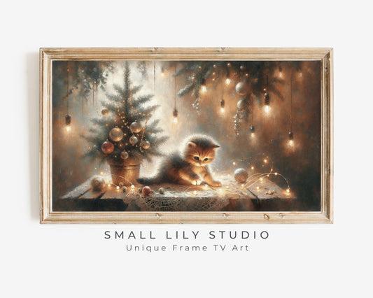 FRAME TV art Kitten and Christmas Tree, Festive Samsung Frame TV art Holiday Fairy Lights, Cute Cat Lover tv screensaver for kids | TV492