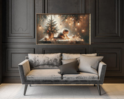 FRAME TV art Kitten and Christmas Tree, Festive Samsung Frame TV art Holiday Fairy Lights, Cute Cat Lover tv screensaver for kids | TV492